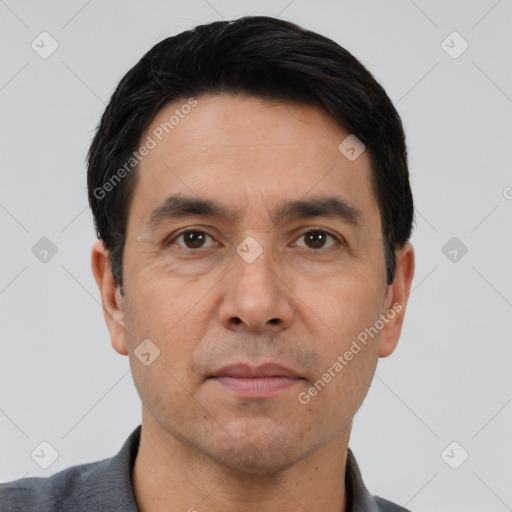 Neutral white adult male with short  black hair and brown eyes