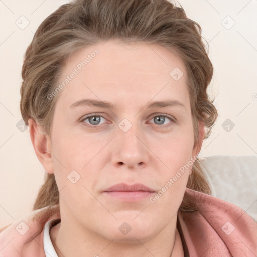 Neutral white young-adult female with medium  brown hair and blue eyes