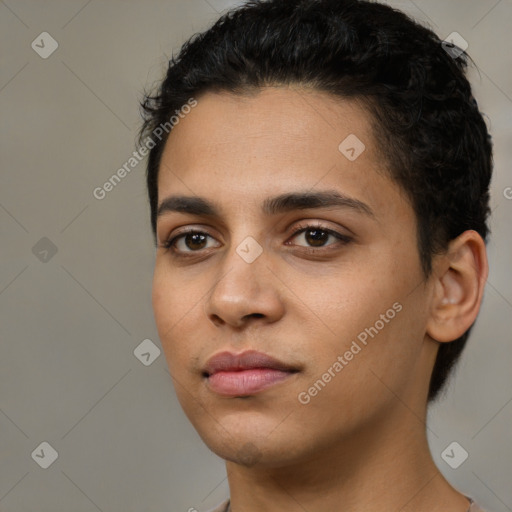 Neutral latino young-adult male with short  black hair and brown eyes