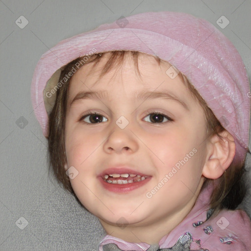 Joyful white child female with medium  brown hair and blue eyes