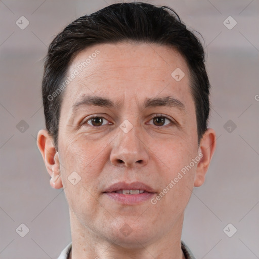 Neutral white adult male with short  brown hair and brown eyes