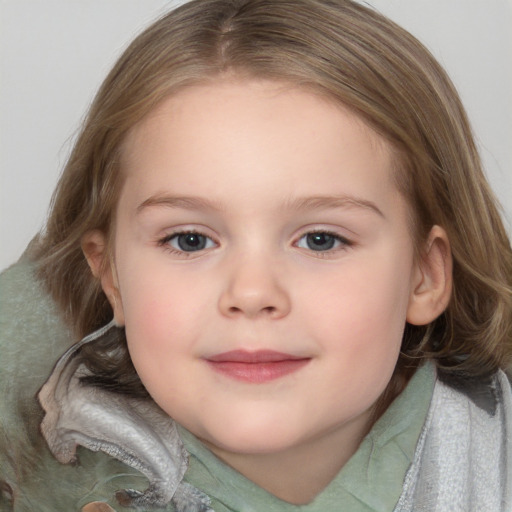 Joyful white child female with medium  brown hair and brown eyes