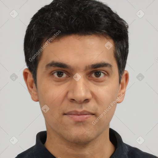 Neutral white young-adult male with short  black hair and brown eyes
