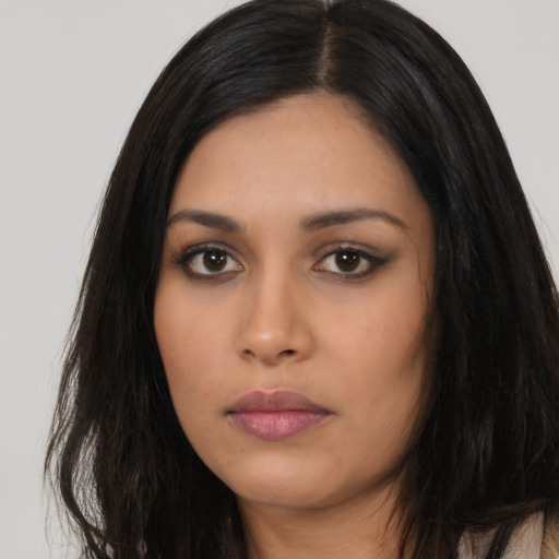 Neutral asian young-adult female with long  black hair and brown eyes