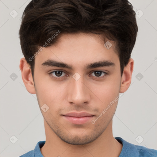 Neutral white young-adult male with short  brown hair and brown eyes