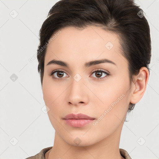 Neutral white young-adult female with medium  brown hair and brown eyes