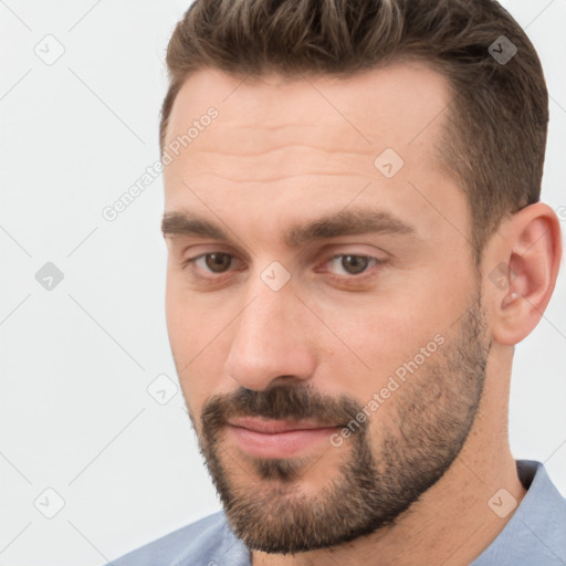 Neutral white young-adult male with short  brown hair and brown eyes