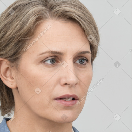 Neutral white young-adult female with medium  brown hair and grey eyes