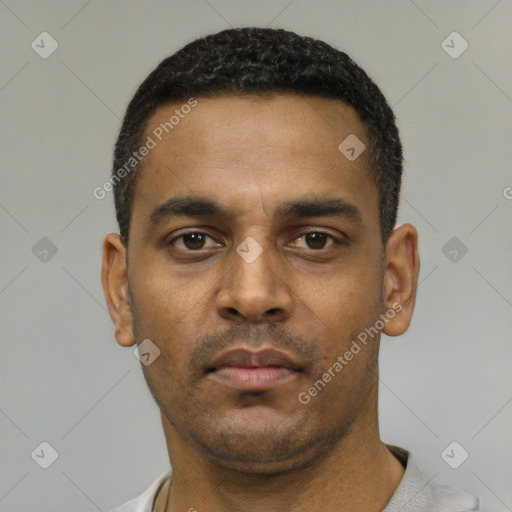 Neutral latino young-adult male with short  black hair and brown eyes