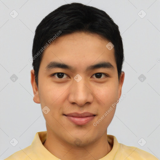 Joyful asian young-adult male with short  black hair and brown eyes