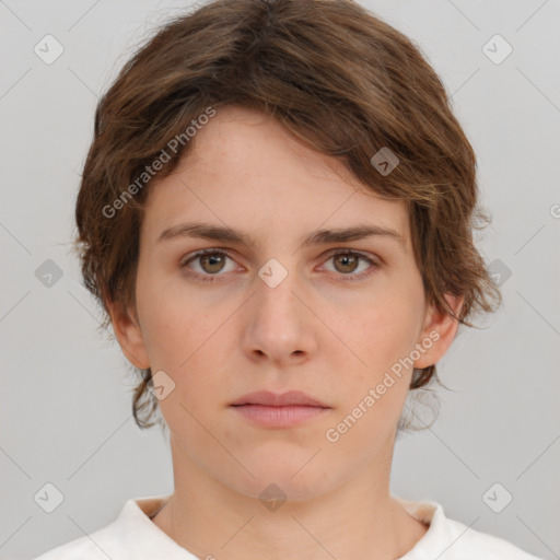 Neutral white young-adult female with medium  brown hair and brown eyes