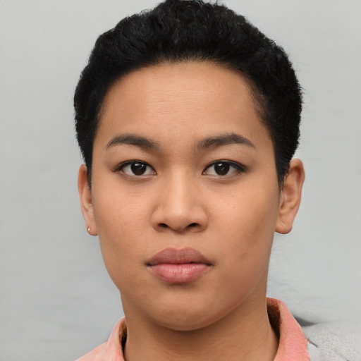 Neutral latino young-adult female with short  black hair and brown eyes