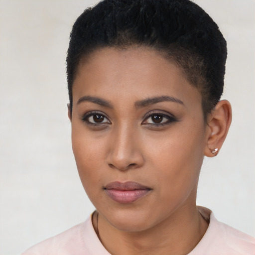 Neutral latino young-adult female with short  black hair and brown eyes