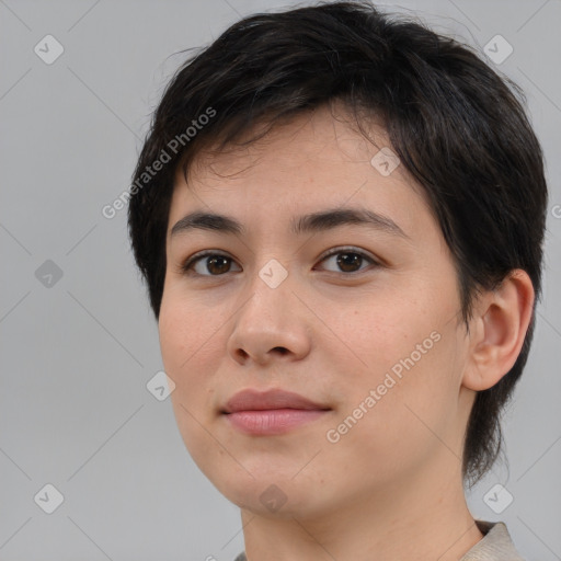 Neutral white young-adult female with medium  brown hair and brown eyes