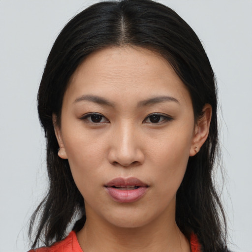 Neutral asian young-adult female with long  brown hair and brown eyes