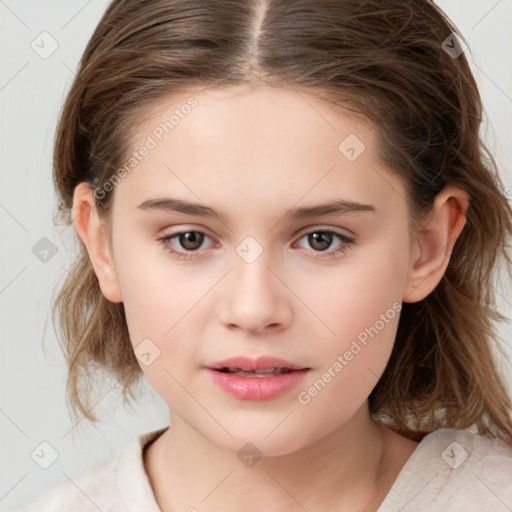 Joyful white child female with medium  brown hair and brown eyes