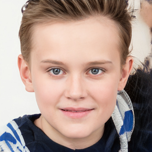 Joyful white child female with long  brown hair and blue eyes