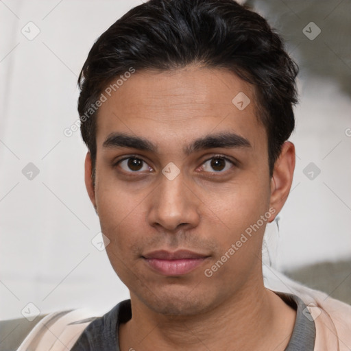 Neutral white young-adult male with short  black hair and brown eyes