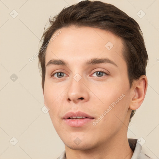 Neutral white young-adult male with short  brown hair and brown eyes