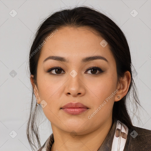 Neutral asian young-adult female with medium  brown hair and brown eyes