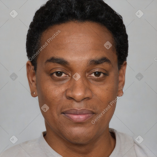 Joyful black adult male with short  black hair and brown eyes