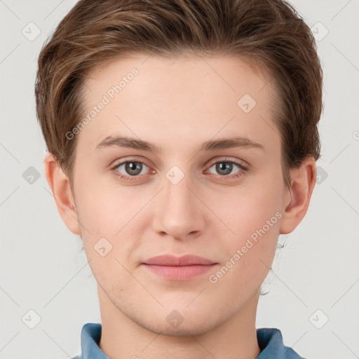 Joyful white young-adult female with short  brown hair and grey eyes