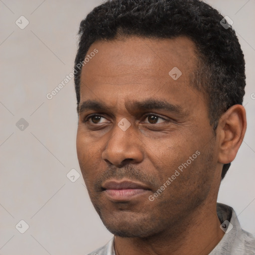 Neutral latino adult male with short  black hair and brown eyes