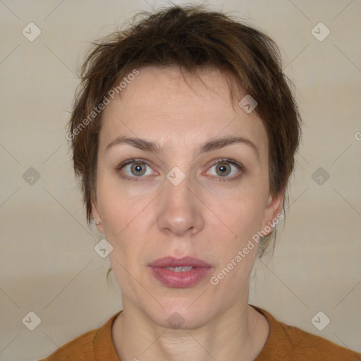 Neutral white young-adult female with short  brown hair and brown eyes