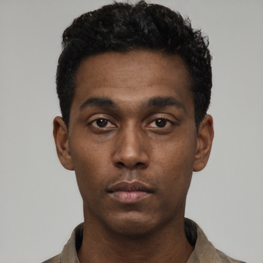 Neutral black young-adult male with short  black hair and brown eyes