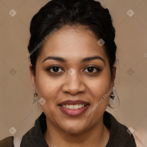 Joyful latino young-adult female with long  black hair and brown eyes