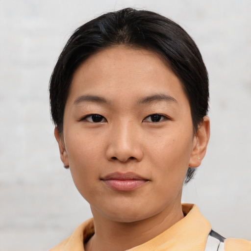 Neutral asian young-adult female with short  brown hair and brown eyes