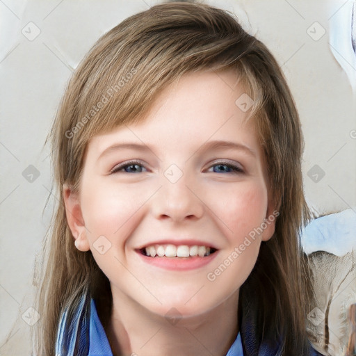 Joyful white child female with medium  brown hair and grey eyes