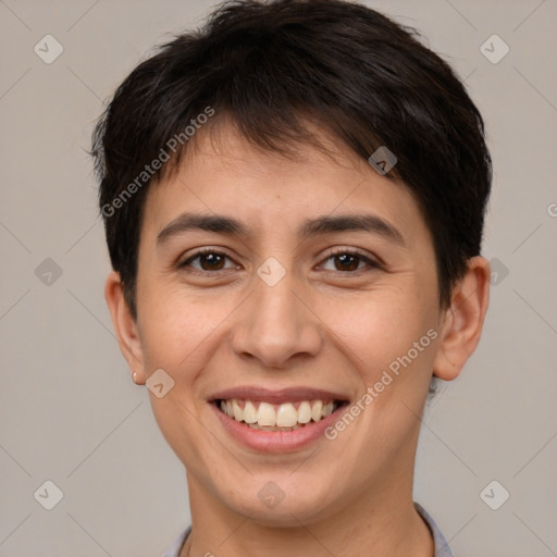 Joyful white young-adult female with short  brown hair and brown eyes