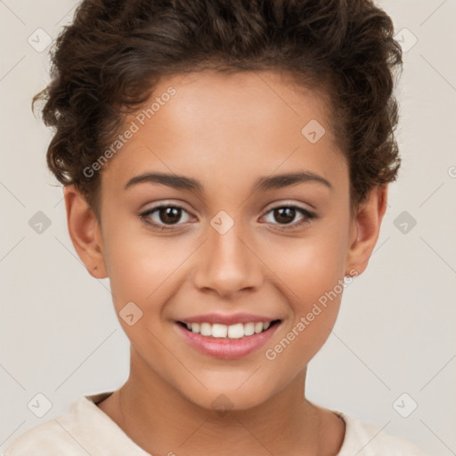 Joyful white child female with short  brown hair and brown eyes