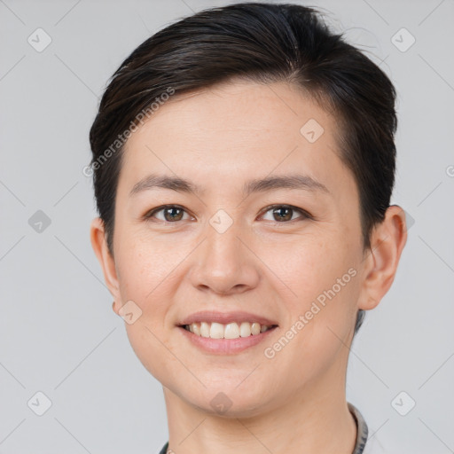 Joyful white young-adult female with short  brown hair and brown eyes