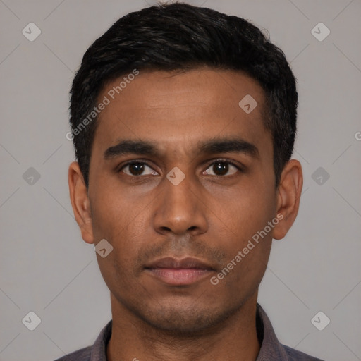 Neutral latino young-adult male with short  black hair and brown eyes