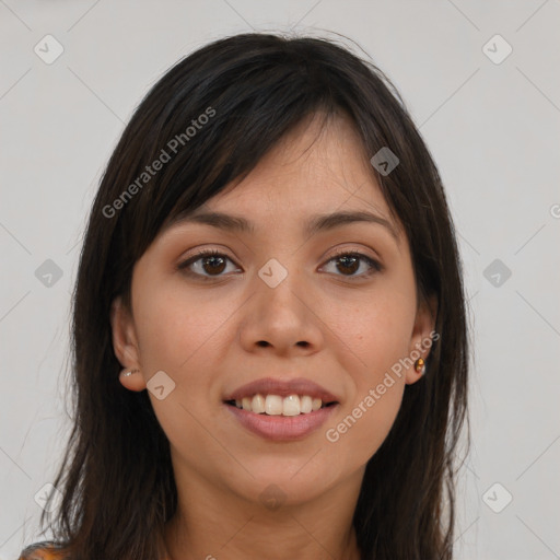 Joyful asian young-adult female with long  brown hair and brown eyes