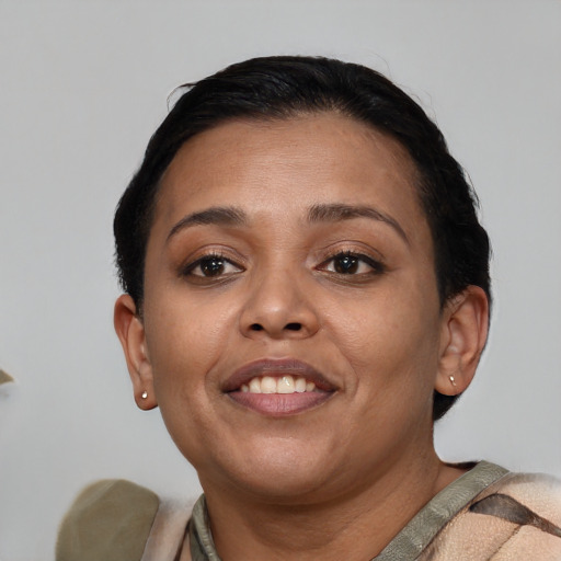 Joyful asian young-adult female with short  brown hair and brown eyes