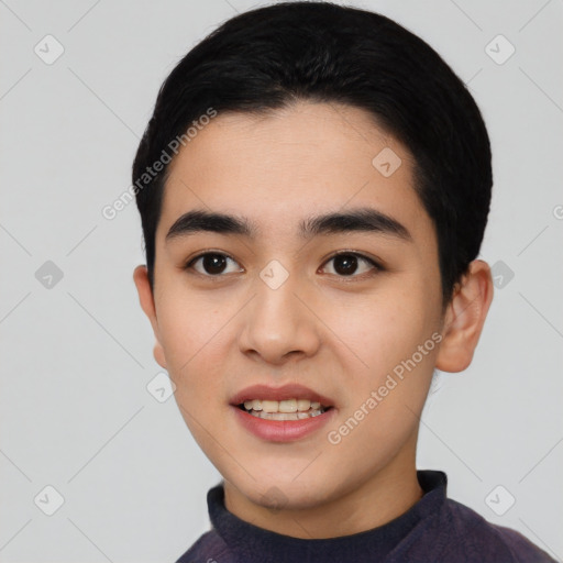 Joyful asian young-adult male with short  black hair and brown eyes