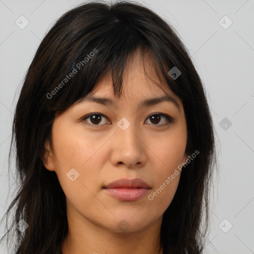 Neutral asian young-adult female with long  brown hair and brown eyes