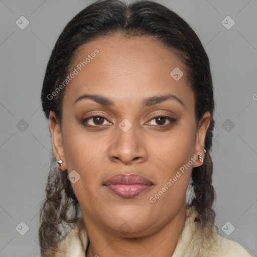 Joyful latino young-adult female with medium  brown hair and brown eyes