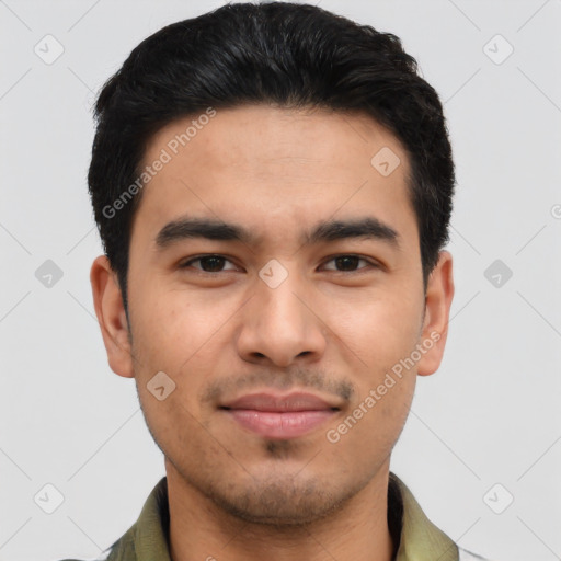 Joyful asian young-adult male with short  brown hair and brown eyes