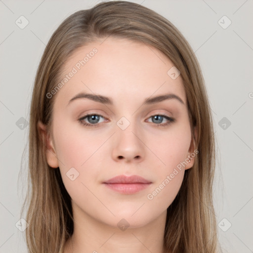 Neutral white young-adult female with long  brown hair and grey eyes