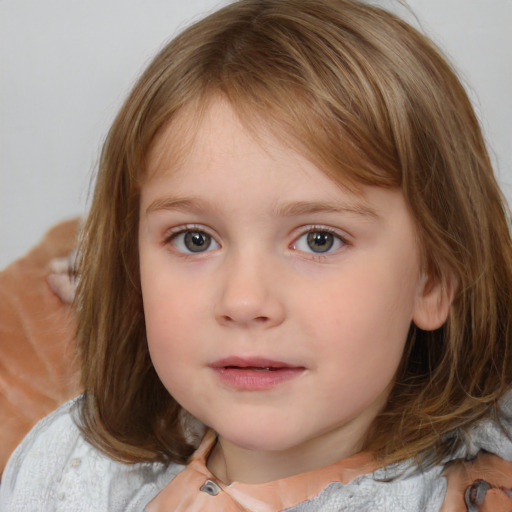 Neutral white child female with medium  brown hair and blue eyes