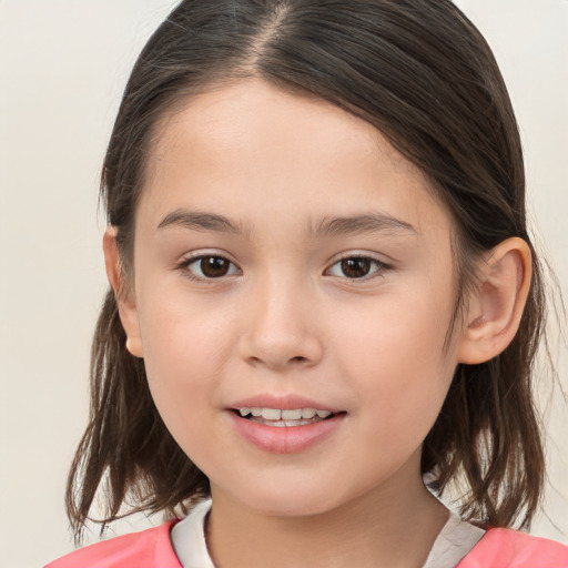 Joyful white child female with medium  brown hair and brown eyes