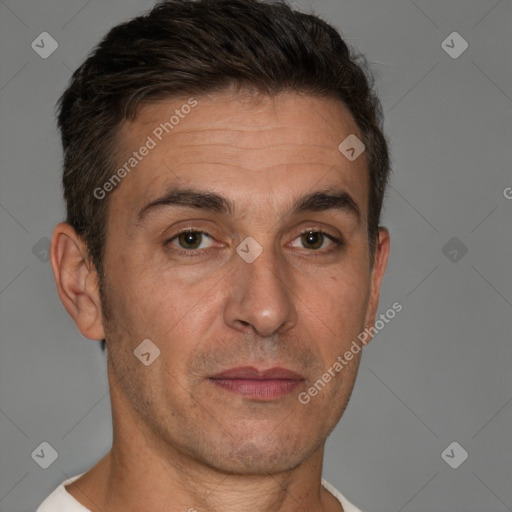 Neutral white adult male with short  brown hair and brown eyes