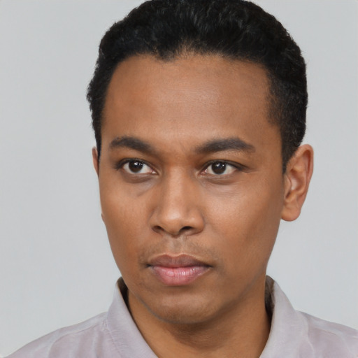 Neutral black young-adult male with short  black hair and brown eyes