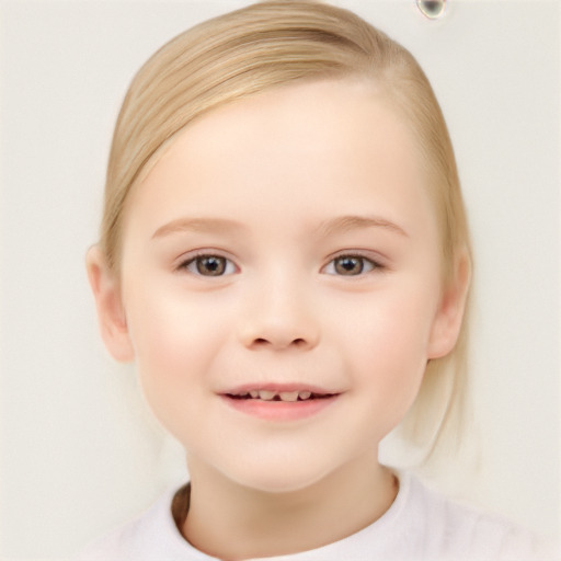 Joyful white child female with short  brown hair and brown eyes