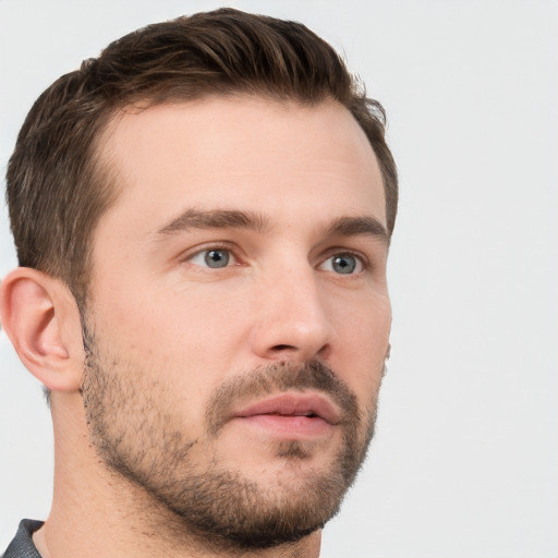 Neutral white young-adult male with short  brown hair and grey eyes