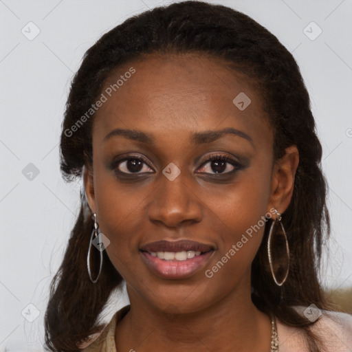 Joyful black young-adult female with medium  black hair and brown eyes